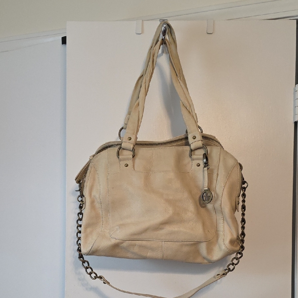 Audrey Brooke Cream Leather Shoulder Bag with Chain Accent